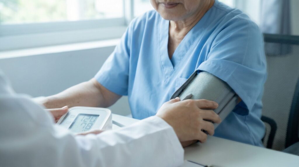 Langzeit Blutdruckmessung von einem Arzt bei einer Patientin